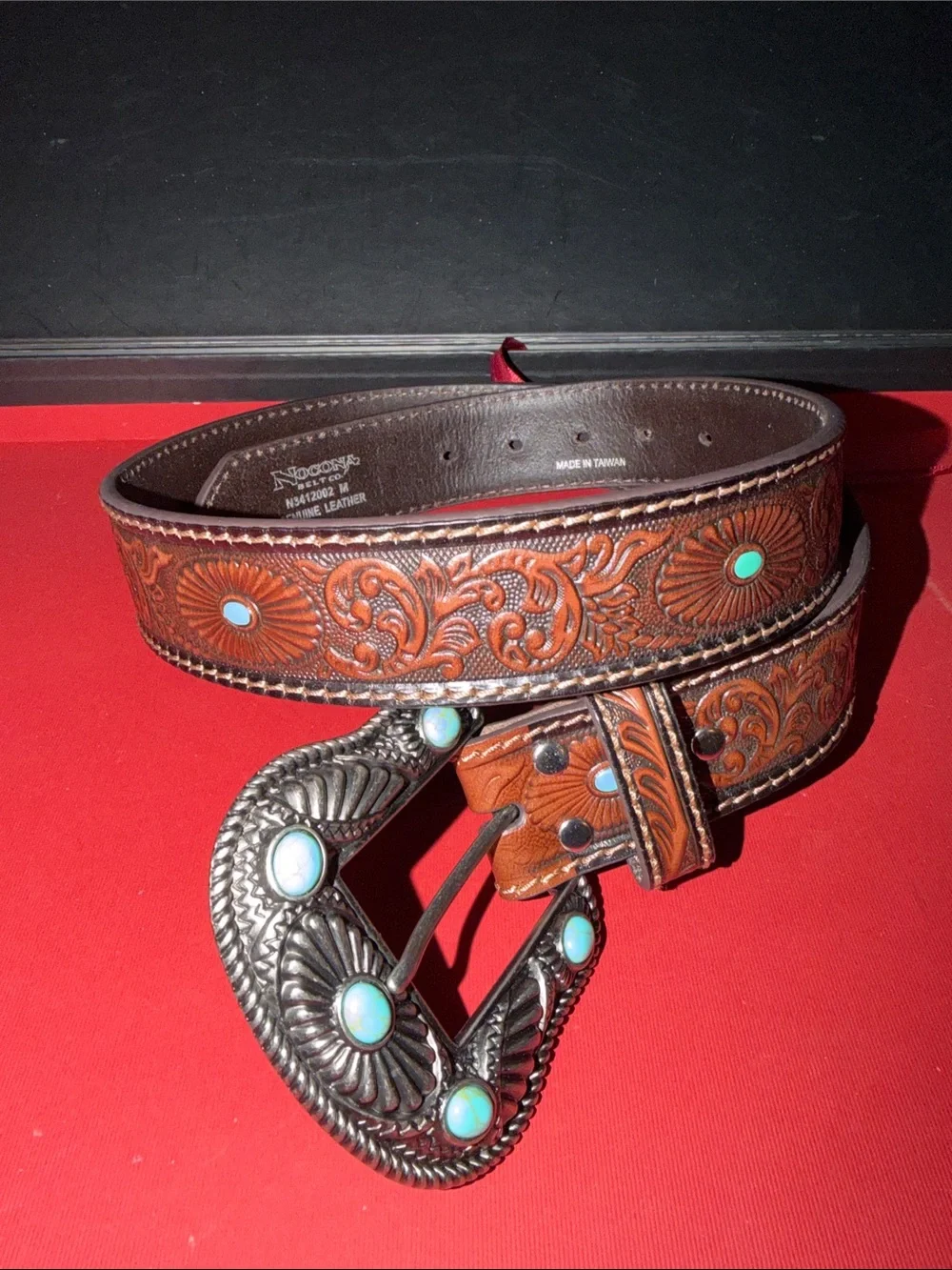 NWOT Nocona Brown Tooled Leather Belt with Turquoise Accents